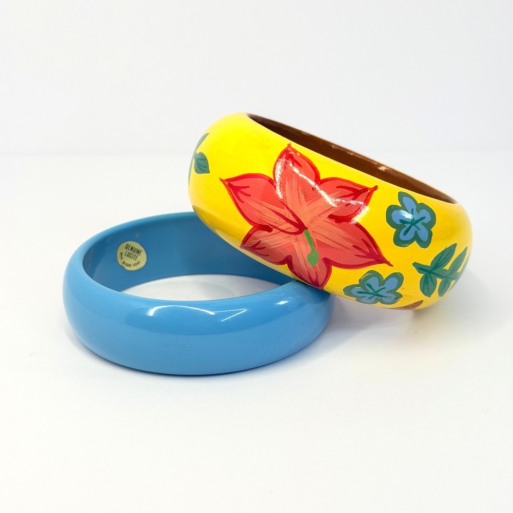 Vintage 60s Bangle Bracelet Duo: Blue Genuine Lucite & Hand-Painted Floral Wood